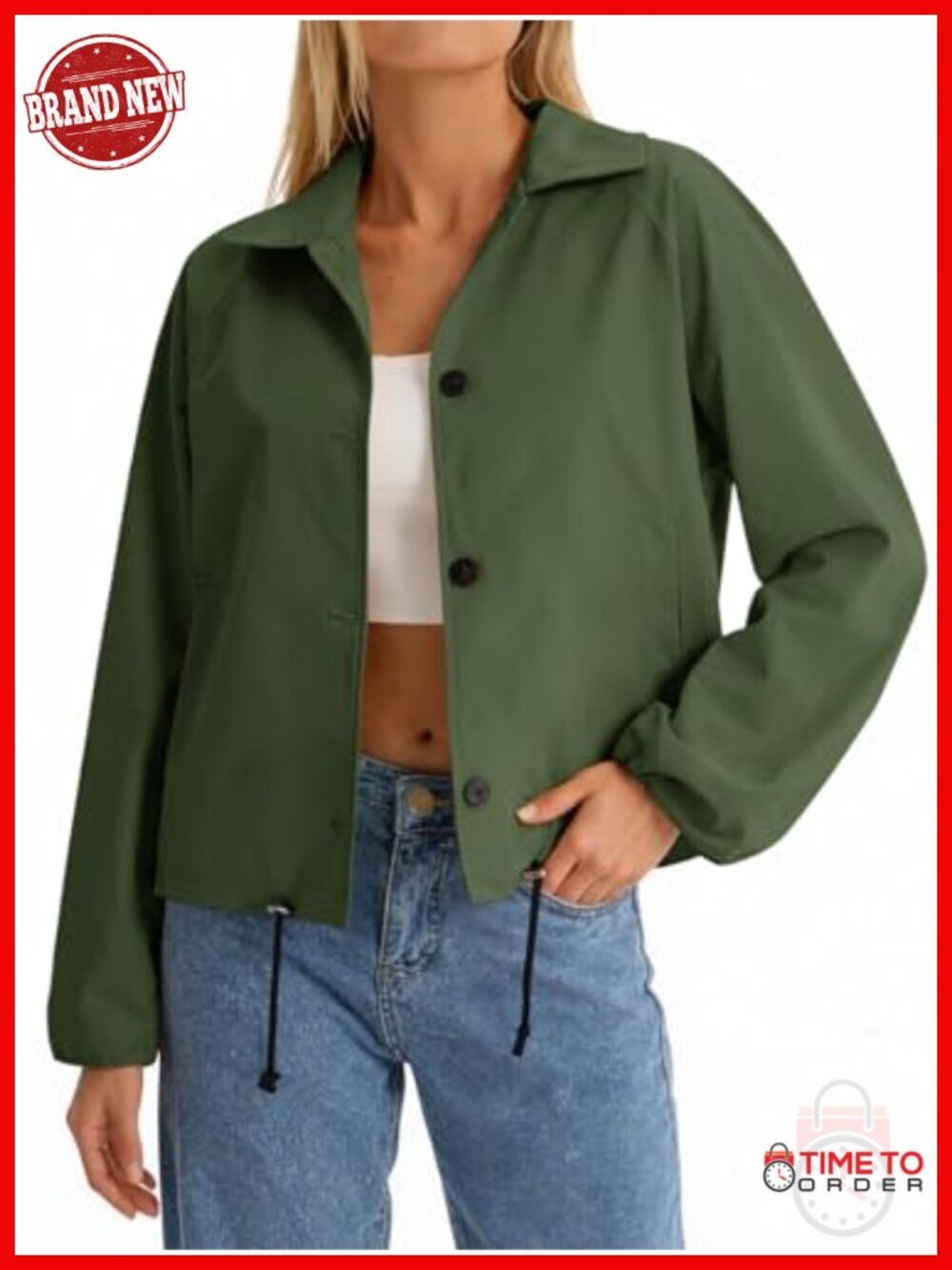 Cropped Bomber Jacket with Lapel Collar Button Down Adjustable Waist Pockets